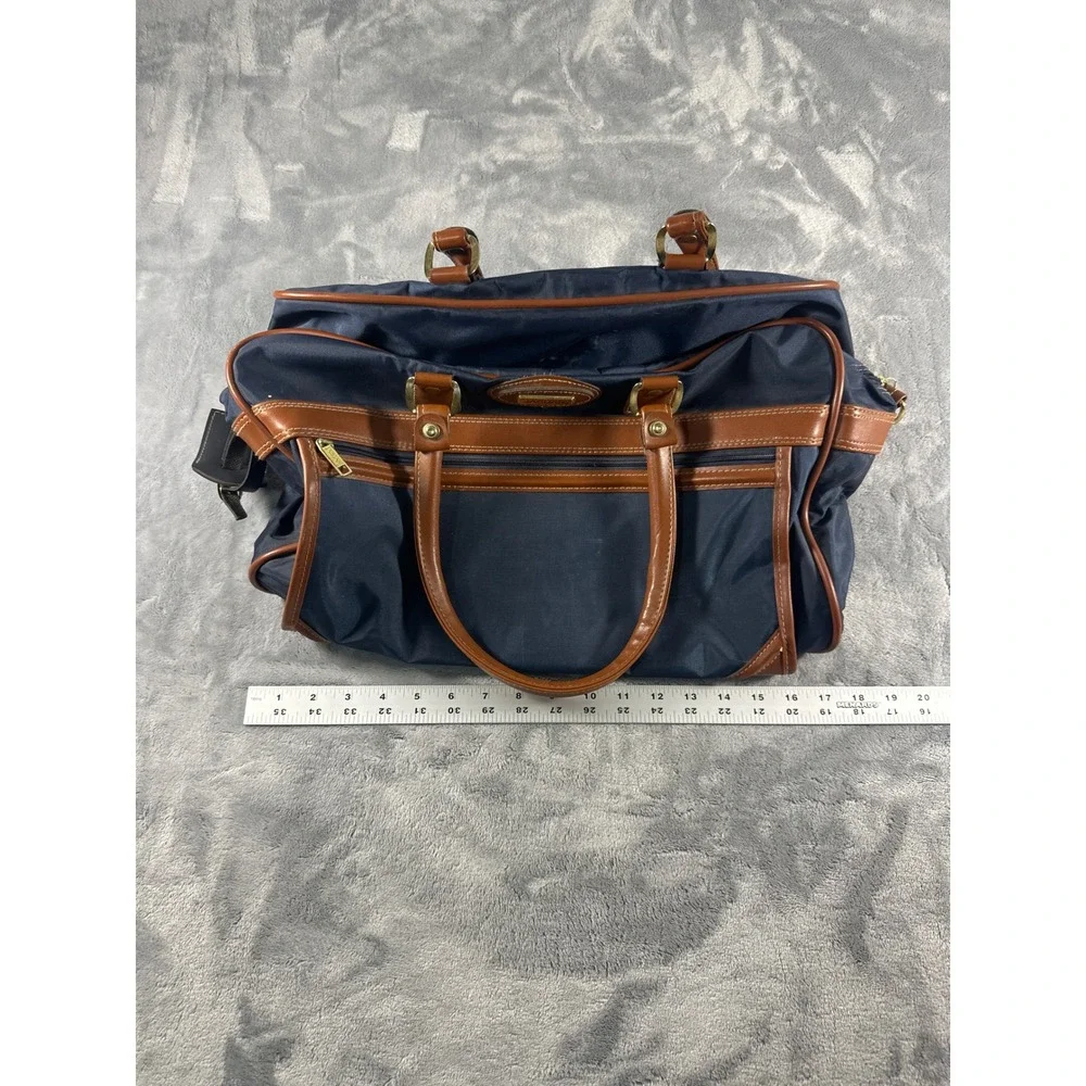Jaguar Navy Blue Nylon Duffel Bag Brown Trim Weekender Travel Carry On Luggage